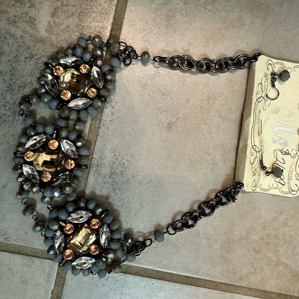 Gray and Gold Medallion Necklace with Beaded Chain